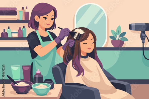 Stylist applying dye to a woman's hair, offering professional beauty services and care