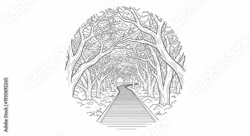 Winding path through an arched canopy of trees in a circular frame