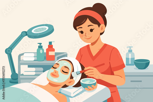 Woman receiving facial treatment in beauty salon, esthetician applying mask