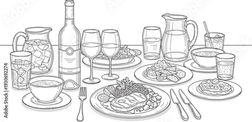 Dinner Table Setting with Food and Drinks