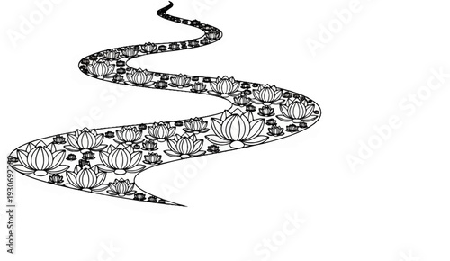 Winding river adorned with numerous blooming water lilies