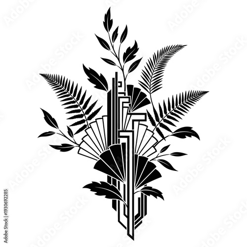 Art Deco style black and white illustration with geometric shapes and tropical leaves.