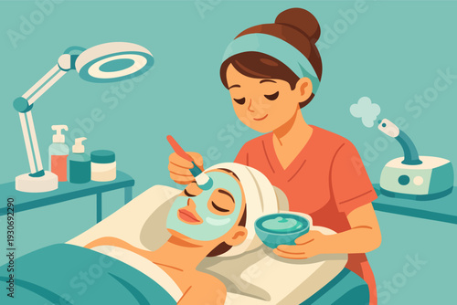 Aesthetician applying facial mask to woman enjoying spa skincare treatment