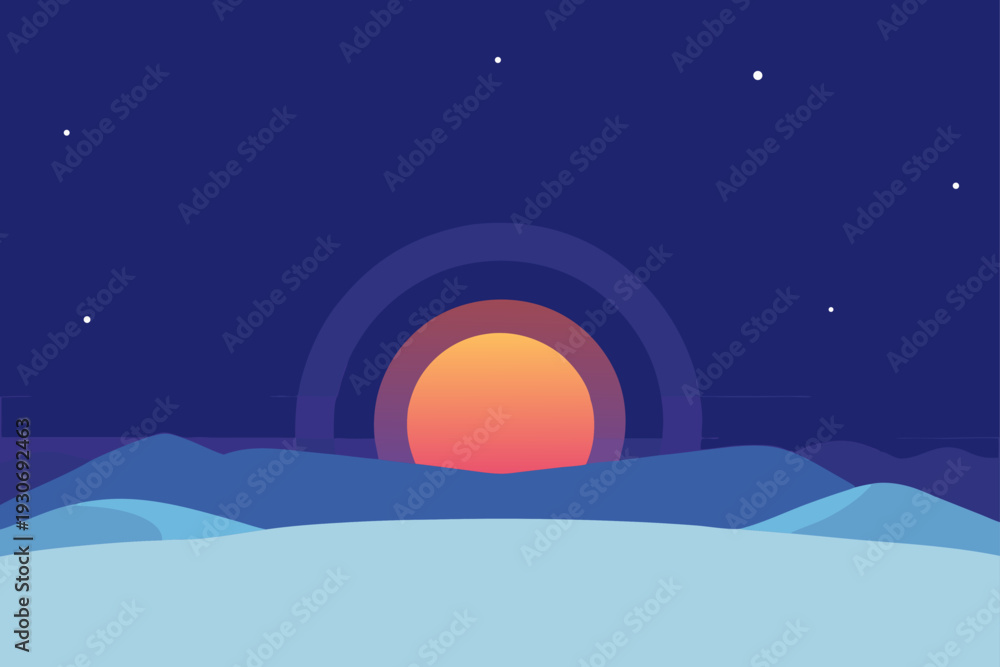 Fototapeta premium Vector sunset over snowy mountains at night