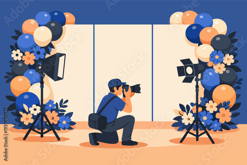 Photographer capturing moments in decorated photo booth with professional studio lighting