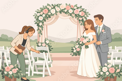 Wedding planner making final preparations for a happy couple's outdoor ceremony