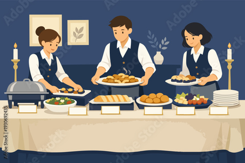Catering staff preparing and serving food at a formal buffet event
