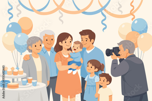 Multi-generation family celebrating a milestone, smiling and posing for a photographer