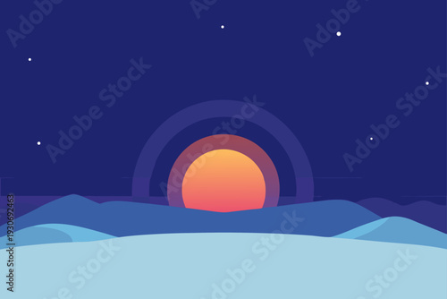 Vector sunset over snowy mountains at night