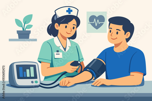 Nurse checking patient blood pressure, providing healthcare checkup and medical care
