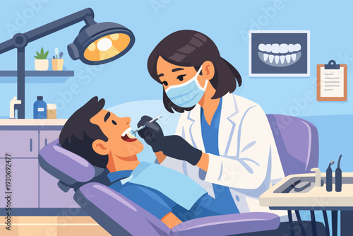 Female dentist examining patient's teeth in clinic, providing professional oral care