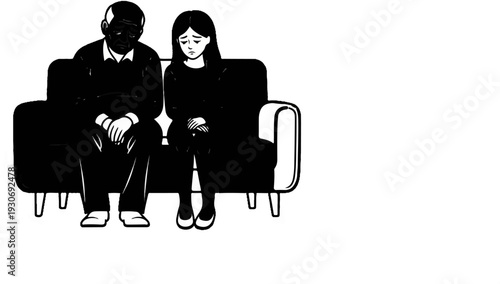 Two people sitting on a sofa looking sad
