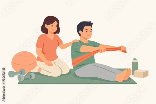 Physiotherapist assisting patient during rehabilitation exercises with resistance band