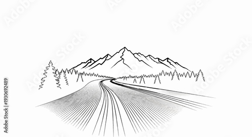 Winding road leading to majestic mountains and pine trees