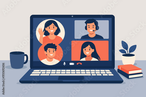 People taking part in a video conference call on laptop, remote working online