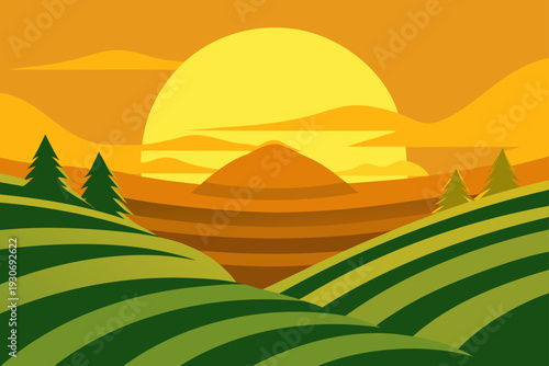 Vector landscape illustration of rolling hills at sunset