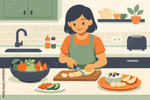 Woman preparing healthy fruit meal in kitchen for wellness and balanced diet