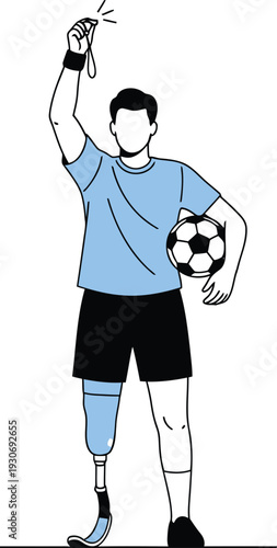 Amputee Man Holding Soccer Ball and Prosthetic Limb