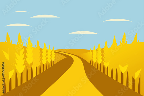 Vector illustration of a yellow wheat field road