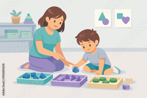 Mother and child learning shapes with toys during early childhood education