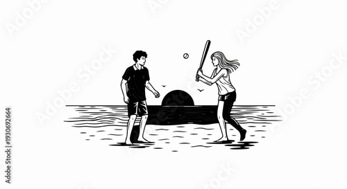 Two individuals enjoying a baseball game on the beach at sunset