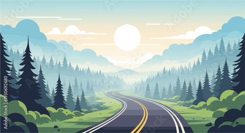 Winding road through a misty forest with a bright sun overhead