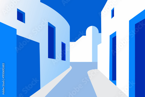 Vector illustration of blue and white buildings alleyway