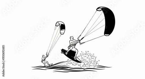 Two individuals engage in kiteboarding, riding waves with dynamic motion