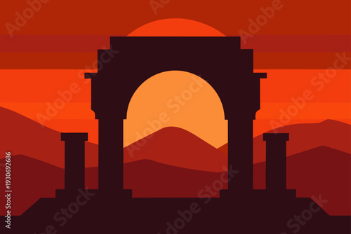Vector illustration of ancient archway at sunset
