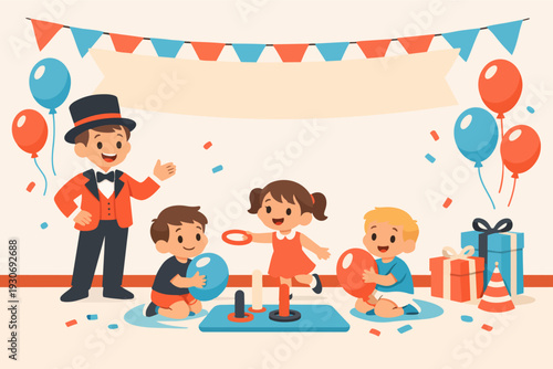 Children enjoying a birthday party with a magician entertainer and ring toss game
