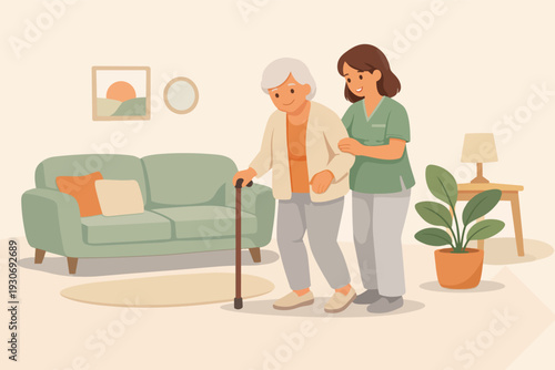 Caregiver assisting elderly woman walking with cane in home setting