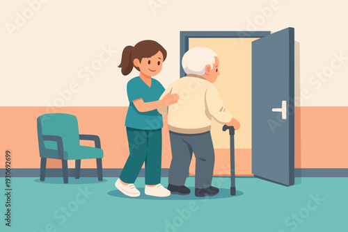 Nurse assisting senior man walking with cane in a hospital or nursing home hallway