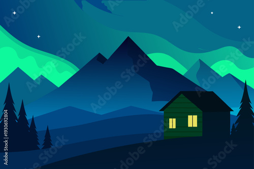 Vector landscape with house and northern lights
