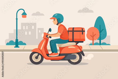 Courier riding scooter delivering food. Online order delivery service in city