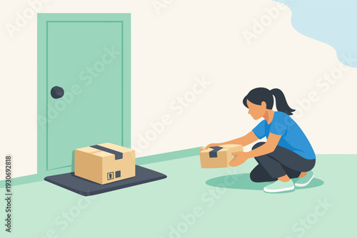 Woman stealing package from doorstep, illustrating parcel theft and security issues