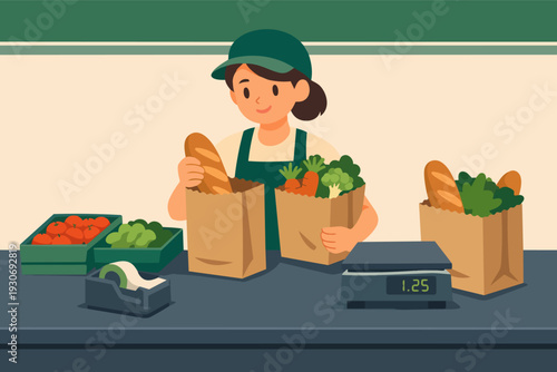 Supermarket staff packing groceries, vegetables, and bread into paper bags