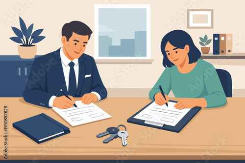 Broker and client signing real estate contract, keys to new home ownership