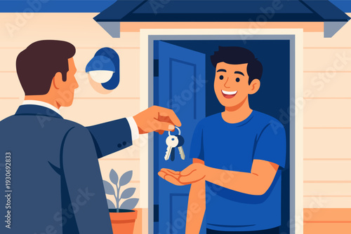 Real estate agent handing over keys to happy new homeowner at house entrance
