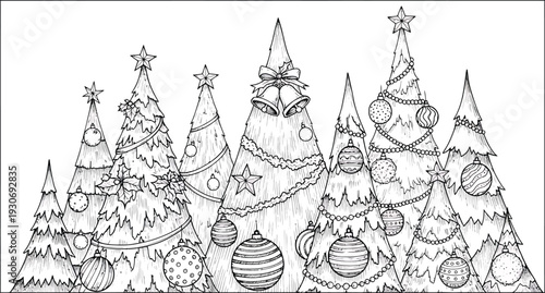 Christmas Trees with Ornaments and Stars on White Background