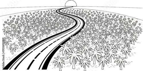 Winding road through palm trees under a setting sun