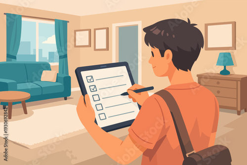 Man checking digital checklist on tablet for home inspection or apartment moving