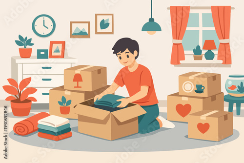 Young man packing personal belongings into moving boxes for home relocation