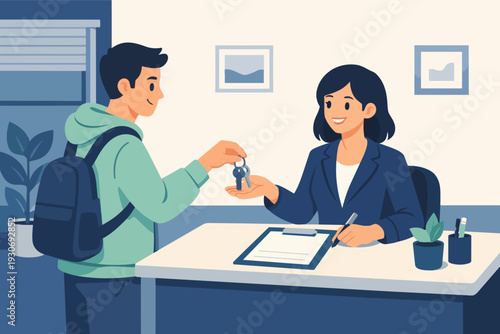 Realtor giving new house keys to home buyer signing real estate contract