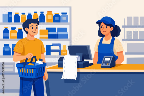 Customer making a purchase at a supermarket checkout with a smiling cashier