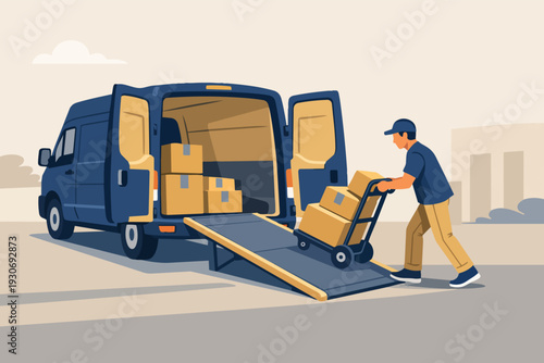 Courier man loading packages onto delivery van using a hand truck