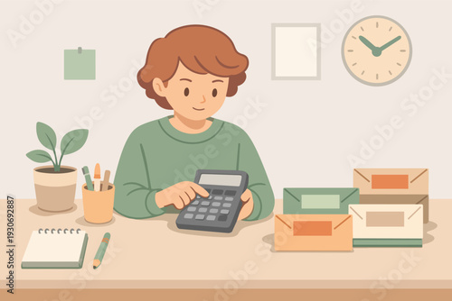 Person calculating finances, managing budget and bills at home office desk