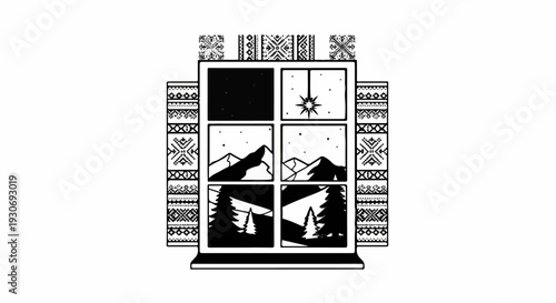 Window view of starry night sky, mountains and snow-covered pine trees