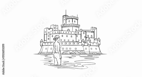 Woman in water facing imposing castle with towers, turrets, and ramparts