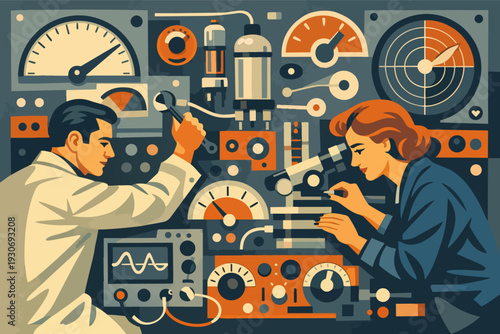 Scientists researching and innovating in a retro futuristic laboratory setting