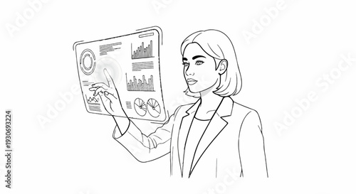 Woman interacting with a futuristic transparent touchscreen displaying data charts